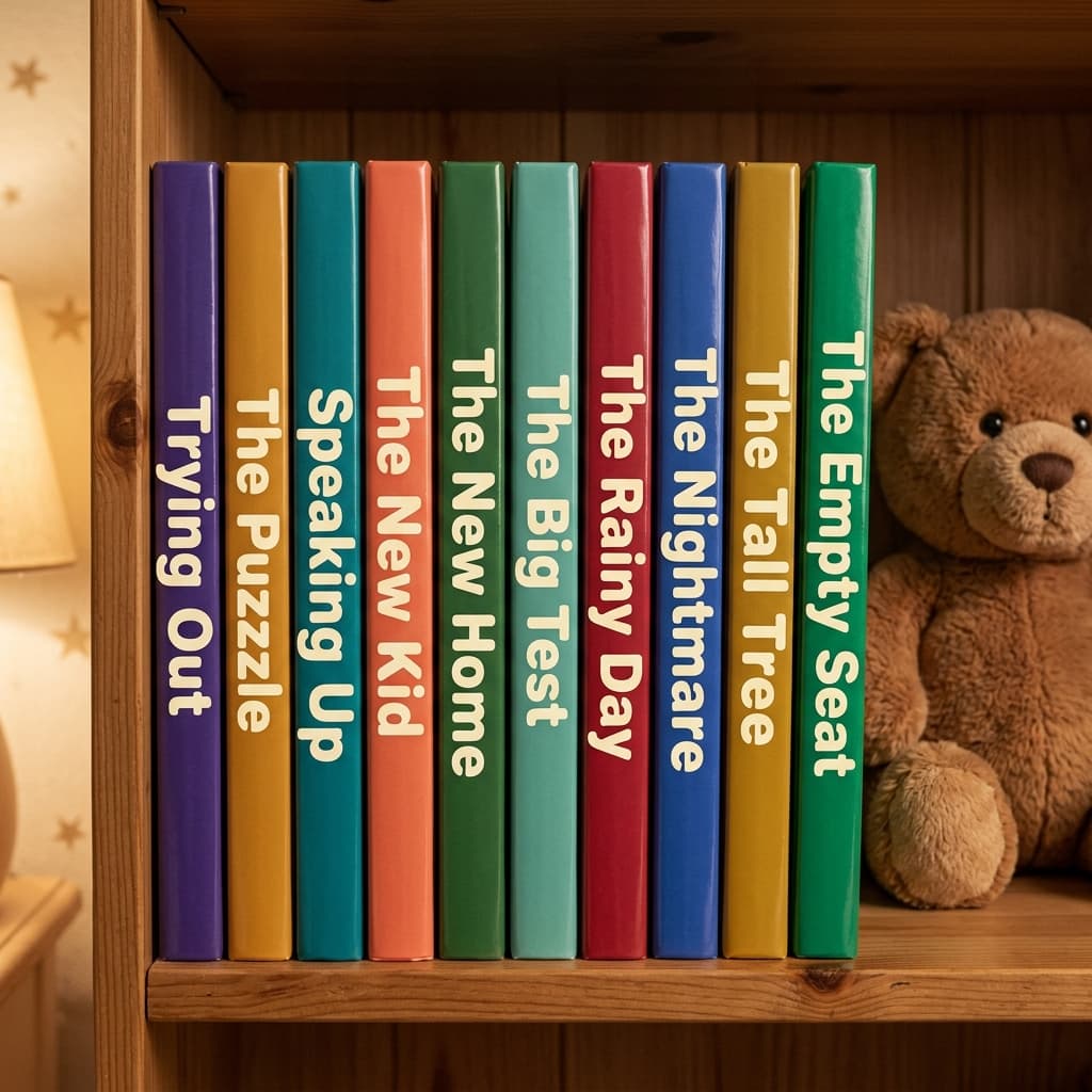 A cozy wooden bookshelf with colorful children's picture books and a teddy bear, in a warm child's bedroom