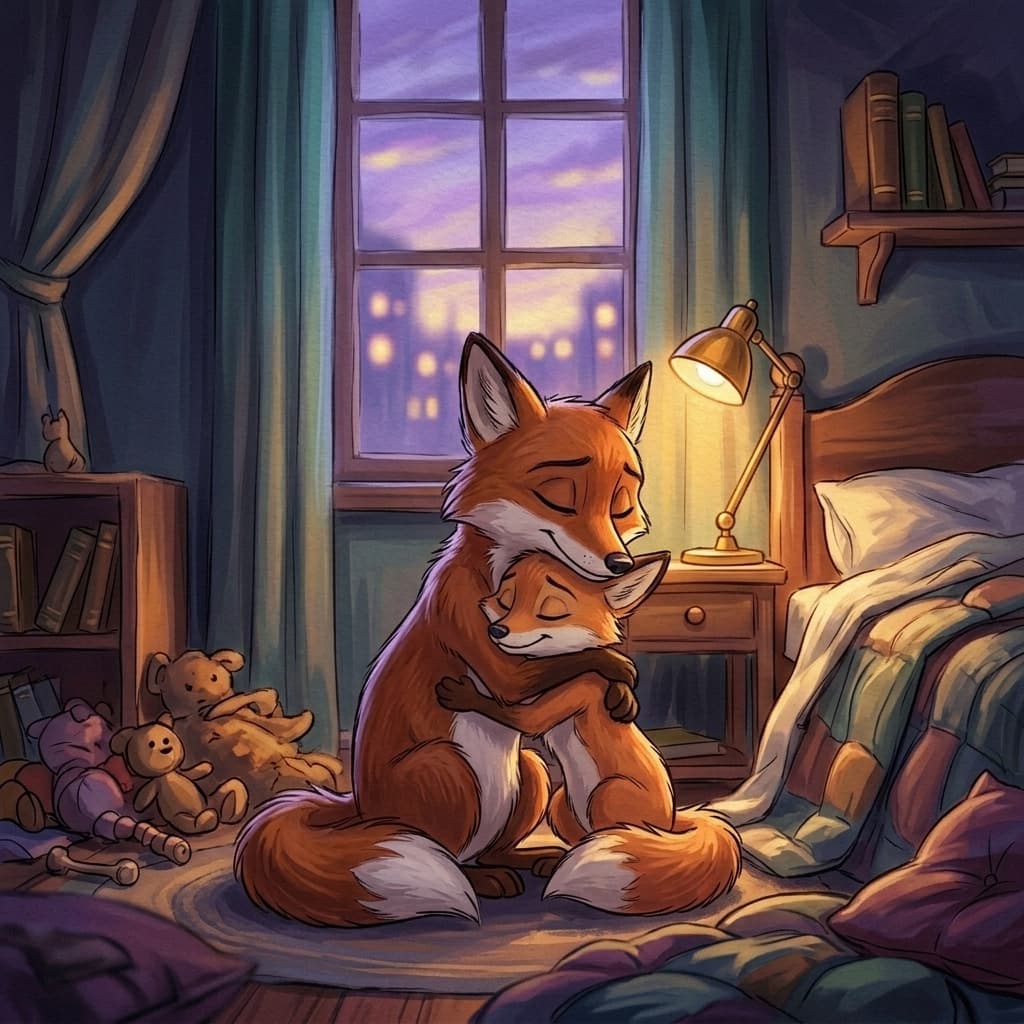 Dad hugging Fifo the fox in a cozy bedroom lit by a lamp